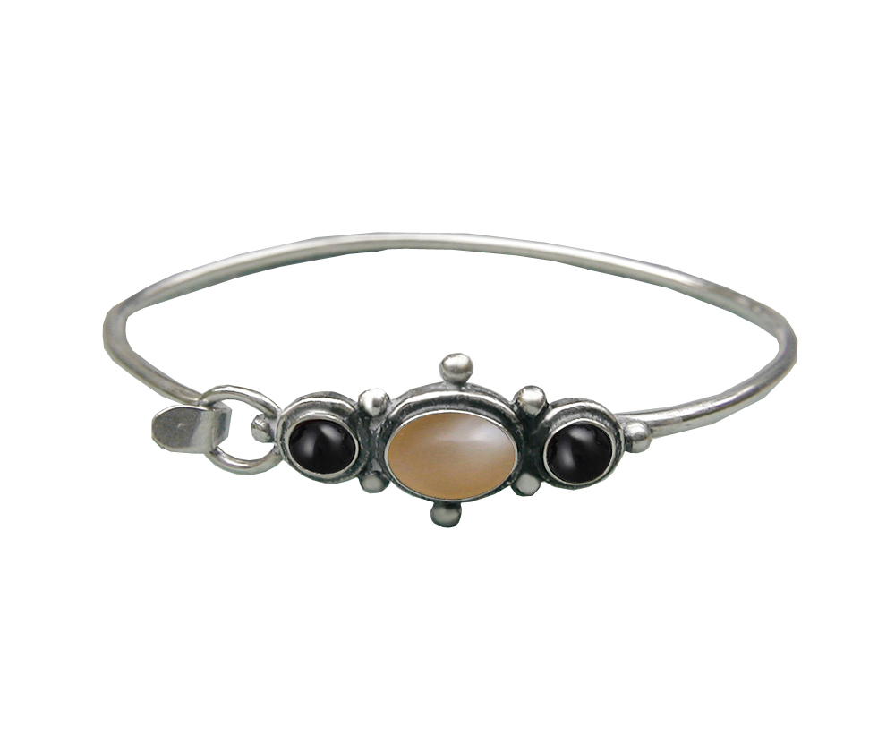 Sterling Silver Strap Latch Spring Hook Bangle Bracelet Peach Moonstone And Black Onyx